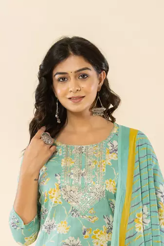  sea green cotton dori embroidery straight kurta dupatta pant set