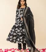  black cotton sequins work anarkali kurta dupatta pant set