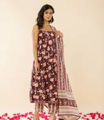  brown sleeveless cotton kurta with dupatta set