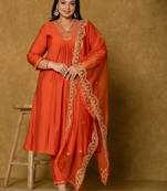 orange silk embroidered plus size kurta dupatta set