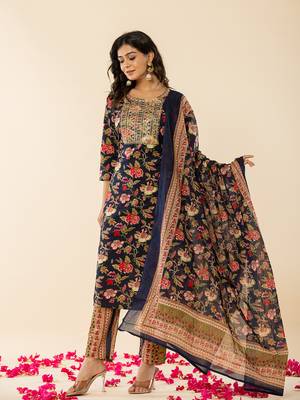  navy blue cotton dori embroidery kurta dupatta set 1