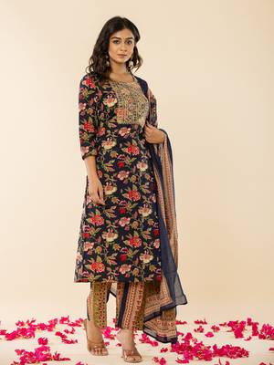  navy blue cotton dori embroidery kurta dupatta set 2