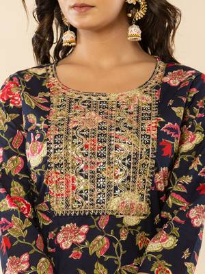  navy blue cotton dori embroidery kurta dupatta set 4