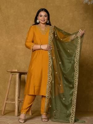 mustard silk embroidered plus size kurta dupatta set 1