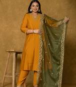 mustard silk embroidered plus size kurta dupatta set
