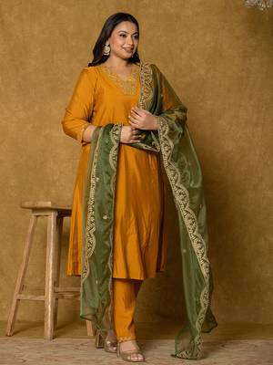mustard silk embroidered plus size kurta dupatta set 2