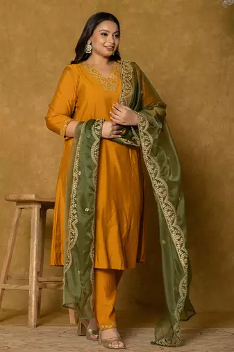 mustard silk embroidered plus size kurta dupatta set