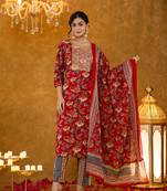 red cotton dori embroidery kurta dupatta set