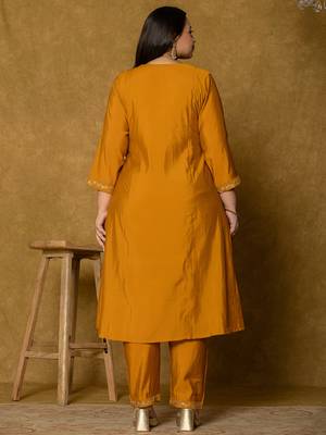 mustard silk embroidered plus size kurta dupatta set 3