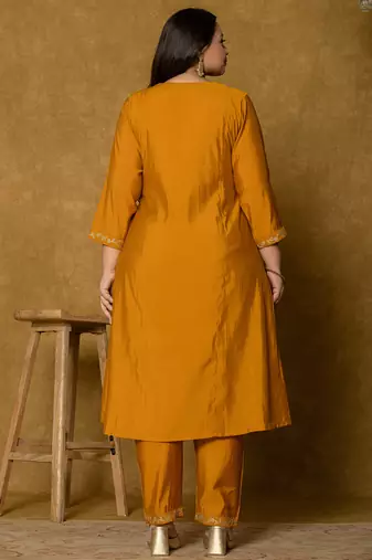 mustard silk embroidered plus size kurta dupatta set