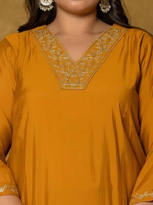 mustard silk embroidered plus size kurta dupatta set 4