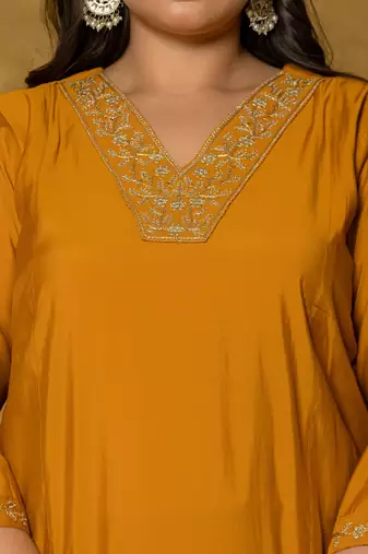 mustard silk embroidered plus size kurta dupatta set