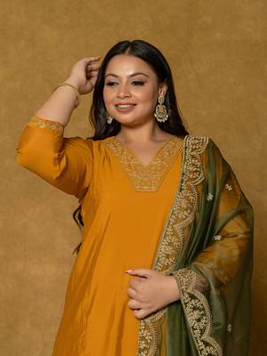 mustard silk embroidered plus size kurta dupatta set 5