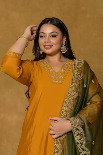 mustard silk embroidered plus size kurta dupatta set