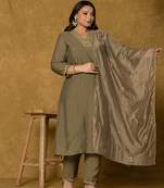  olive green silk embroidered plus size kurta dupatta set