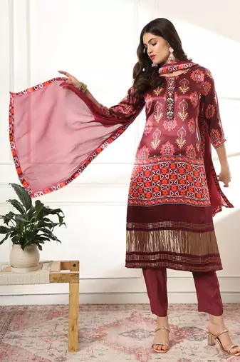  burgundy gajji silk kurta dupatta pant set
