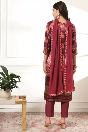  burgundy gajji silk kurta dupatta pant set