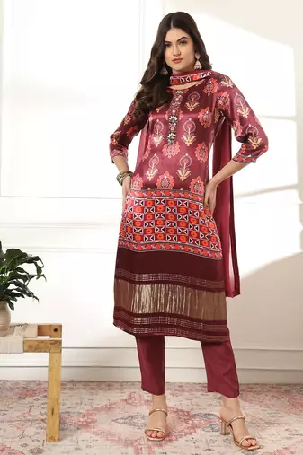  burgundy gajji silk kurta dupatta pant set