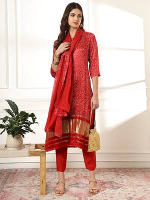  maroon gajji silk bandhani kurta dupatta pant set 2