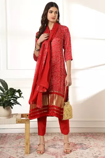  maroon gajji silk bandhani kurta dupatta pant set