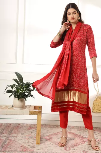  maroon gajji silk bandhani kurta dupatta pant set