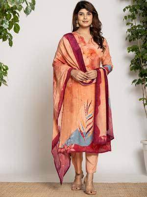  peach pure crepe placement print kurta dupatta set 1