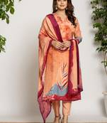  peach pure crepe placement print kurta dupatta set