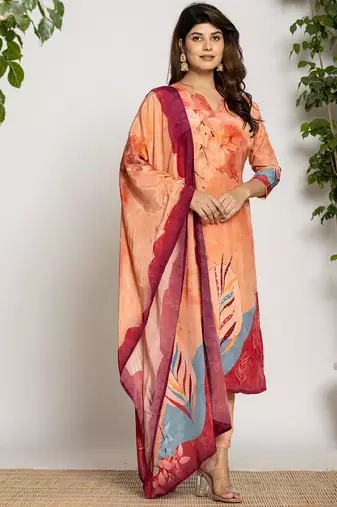  peach pure crepe placement print kurta dupatta set