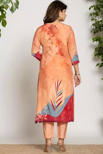  peach pure crepe placement print kurta dupatta set