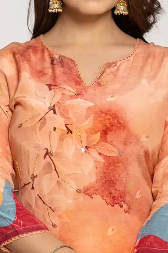  peach pure crepe placement print kurta dupatta set