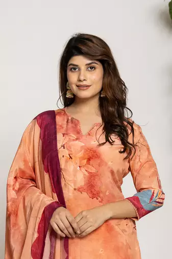  peach pure crepe placement print kurta dupatta set