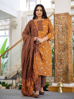  piping on yoke floral print mustard cotton plus size kurta set with dupatta set 1