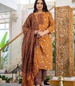  piping on yoke floral print mustard cotton plus size kurta set with dupatta set