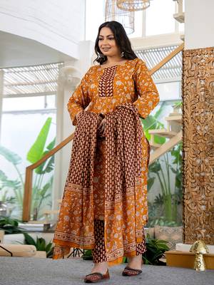  piping on yoke floral print mustard cotton plus size kurta set with dupatta set 2