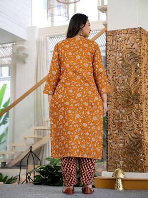  piping on yoke floral print mustard cotton plus size kurta set with dupatta set 3