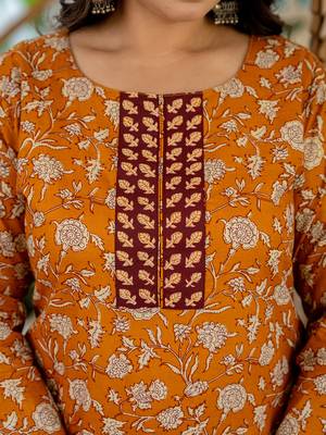  piping on yoke floral print mustard cotton plus size kurta set with dupatta set 4
