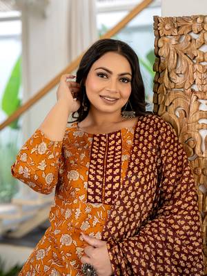  piping on yoke floral print mustard cotton plus size kurta set with dupatta set 5