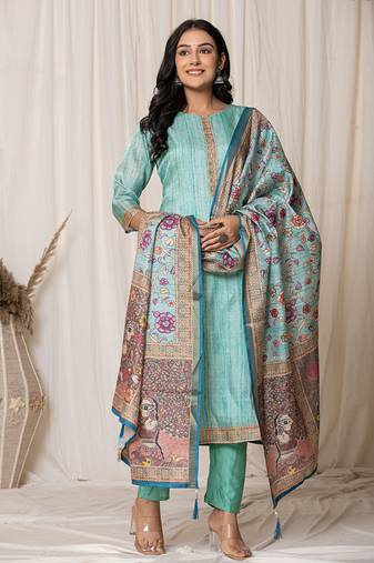 Yufta cotton sky blue a-line kurta dupatta set