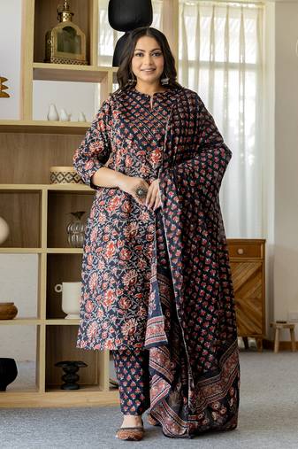  pure cotton black plus size kurta dupatta pant set