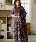  pure cotton black plus size kurta dupatta pant set