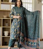  pure cotton teal green kurta dupatta pant set with handwork