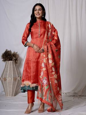  tussar silk red a-line kurta dupatta set 1