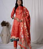  tussar silk red a-line kurta dupatta set