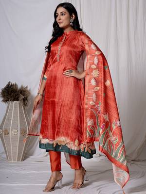 tussar silk red a-line kurta dupatta set 2