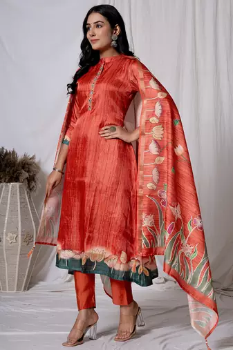  tussar silk red a-line kurta dupatta set