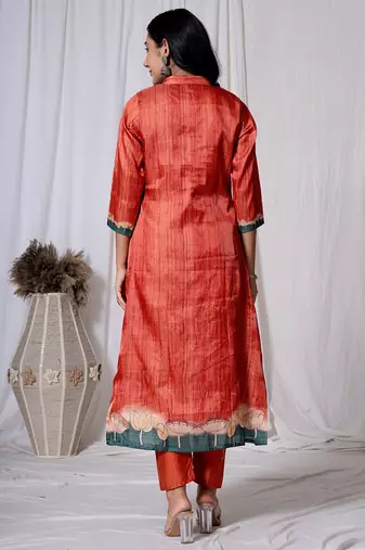  tussar silk red a-line kurta dupatta set