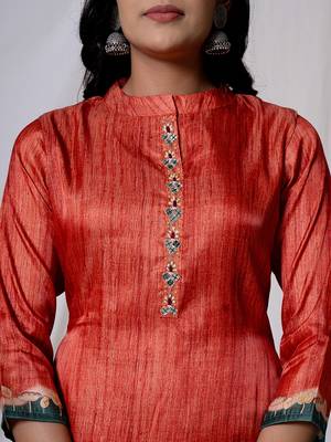  tussar silk red a-line kurta dupatta set 4
