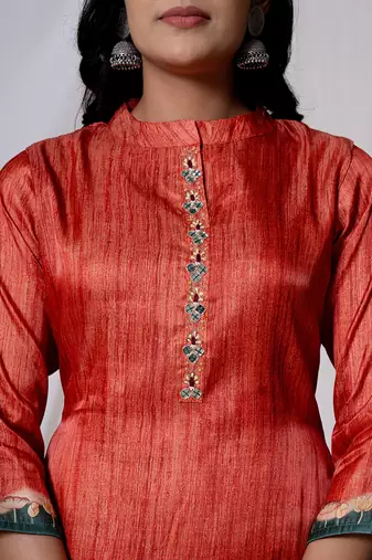  tussar silk red a-line kurta dupatta set
