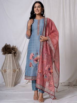 chanderi blue kurta dupatta set 1