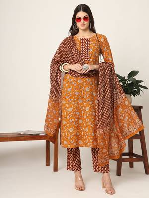  piping on yoke floral print mustard cotton kurta set with dupatta set 1